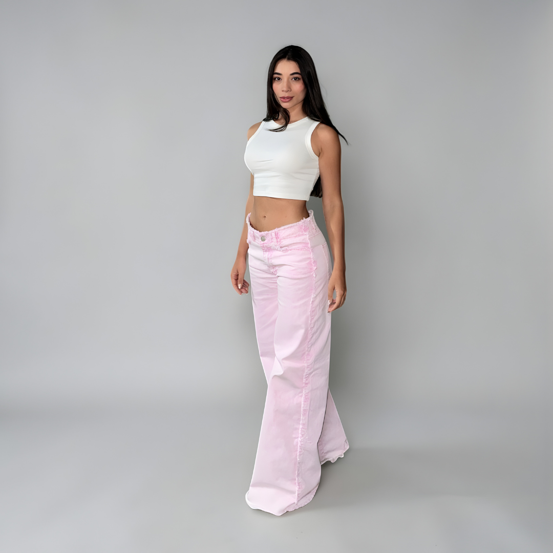 Rosé Latte — Wide Leg Jean with Frayed Waistband
