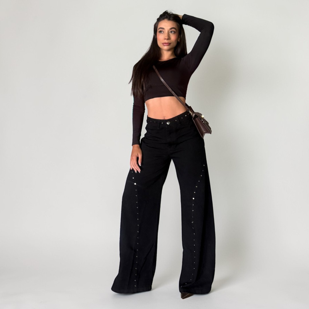 Onyx — Black Palazzo Jean with Stud Details