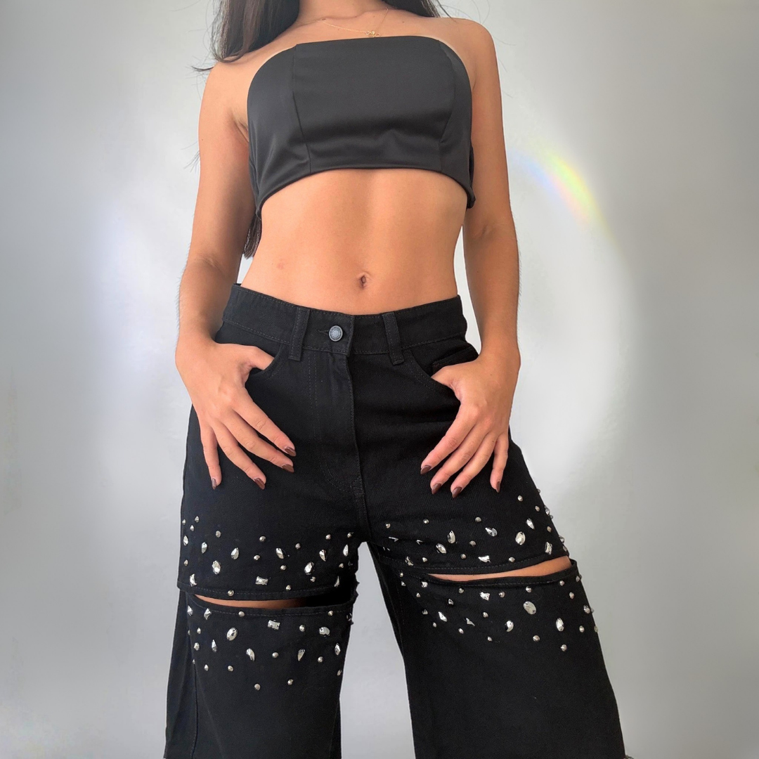 Nova Lux Black — Hand-Embellished Crystal Wide Leg Jean in Black