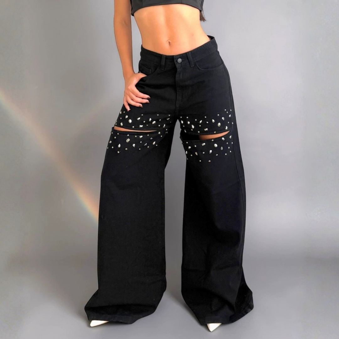 Nova Lux Black — Hand-Embellished Crystal Wide Leg Jean in Black