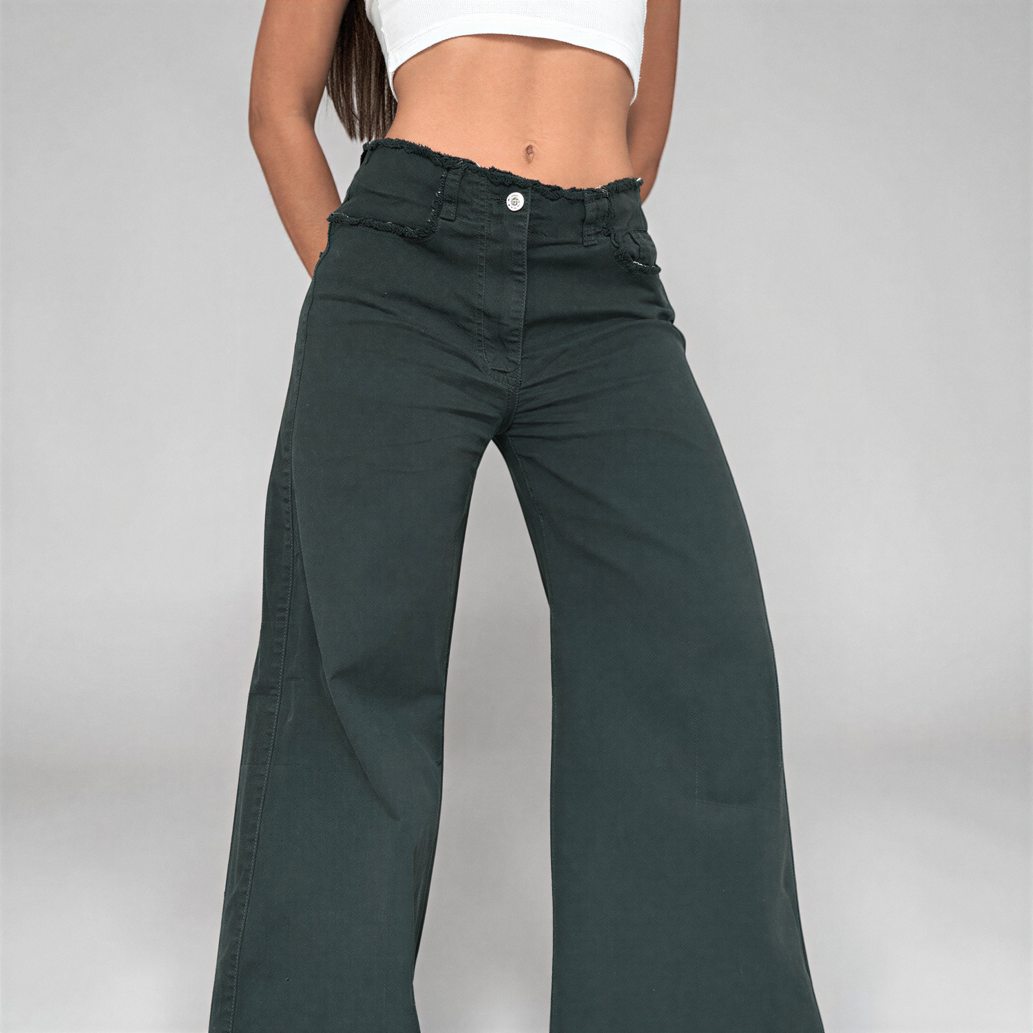 Matcha — Olive Wide-Leg Jean with Frayed Waistband
