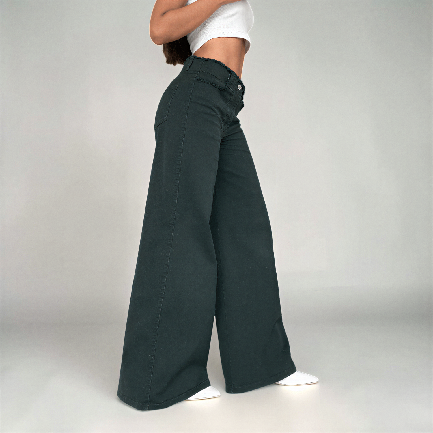 Matcha — Olive Wide-Leg Jean with Frayed Waistband