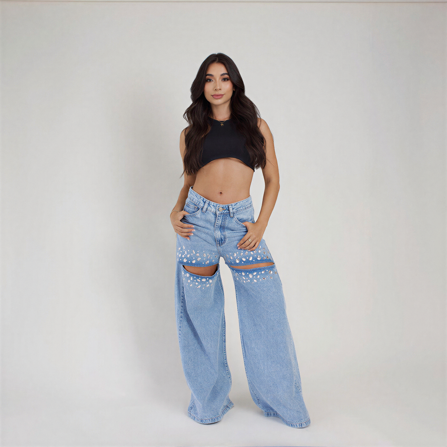 Nova Lux — Hand-Embellished Crystal Wide Leg Jean
