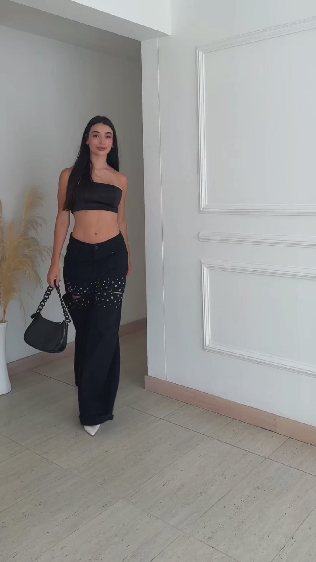 Nova Lux Black — Hand-Embellished Crystal Wide Leg Jean in Black
